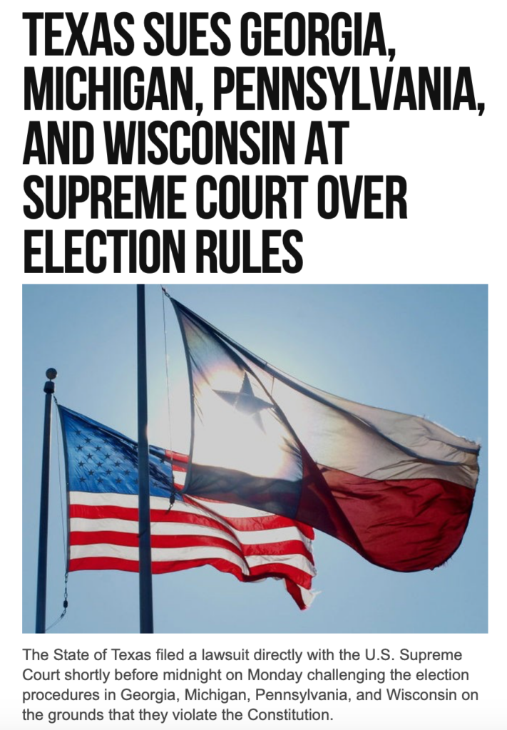 Texas sues Georgia, Michigan, Pennsylvania, and Wisconsin at Supreme Court over election rules