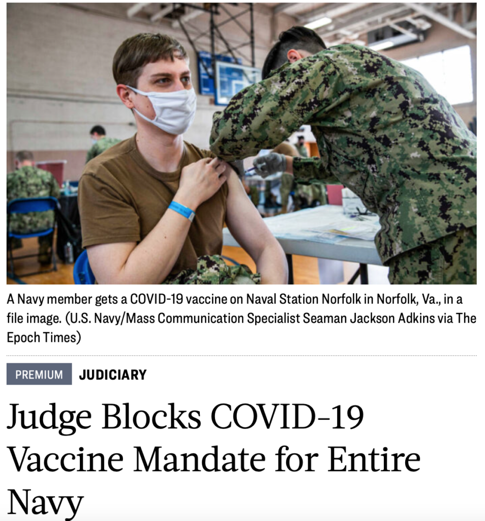 Judge Blocks COVID-19 Vaccine Mandate for Entire Navy