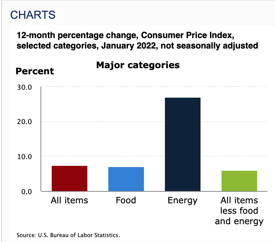 12-month percentage change, Consumer Price Index, selected categories, January 2022, not seasonally adjusted