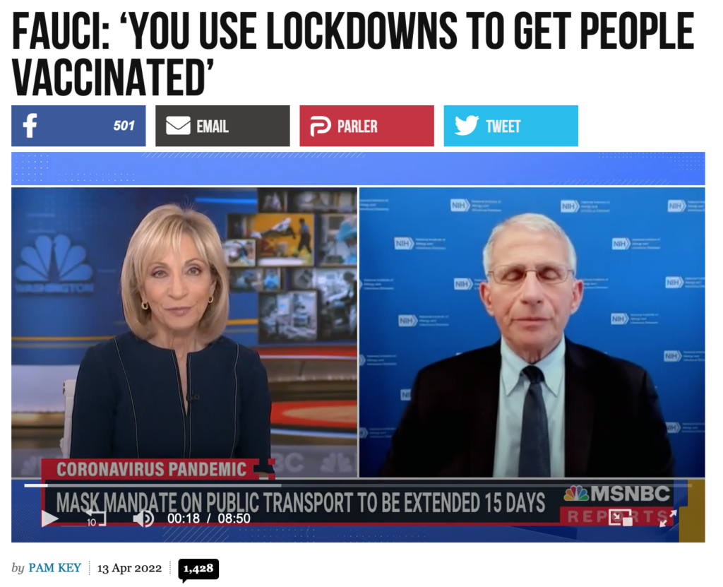 Fauci: “You Use Lockdowns to Get People Vaccinated”