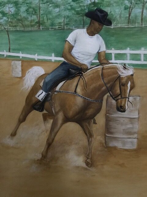 A painting of a man riding his horse