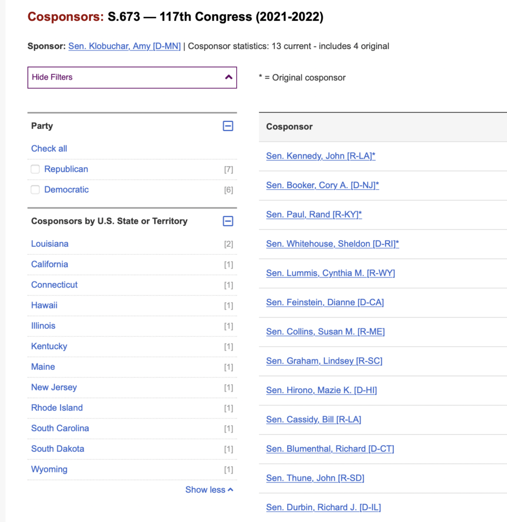 Cosponsors: S.673 – 117th Congress (2021-2022)