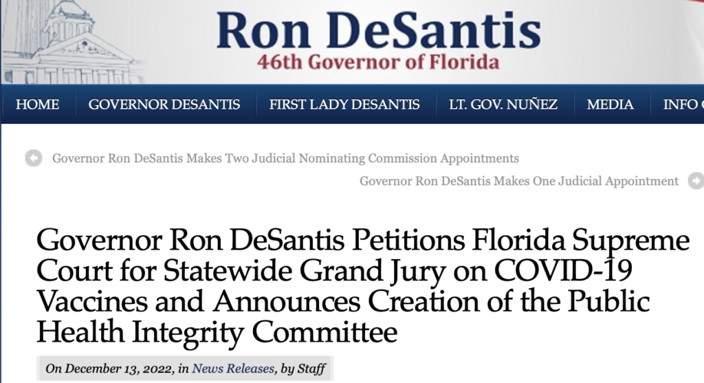 Governor Ron DeSantis Petitions Florida Supreme Court for Statewide Grand Jury on COVID-19 Vaccines and Announces Creation of the Public Health Integrity Committee  