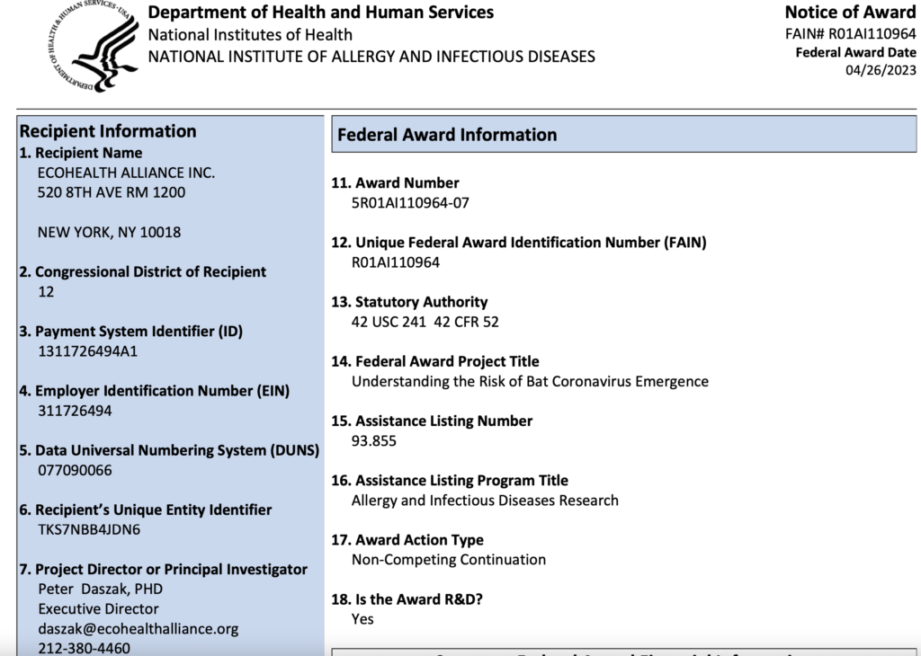 Notice of Award from the Department of Health and Human Services