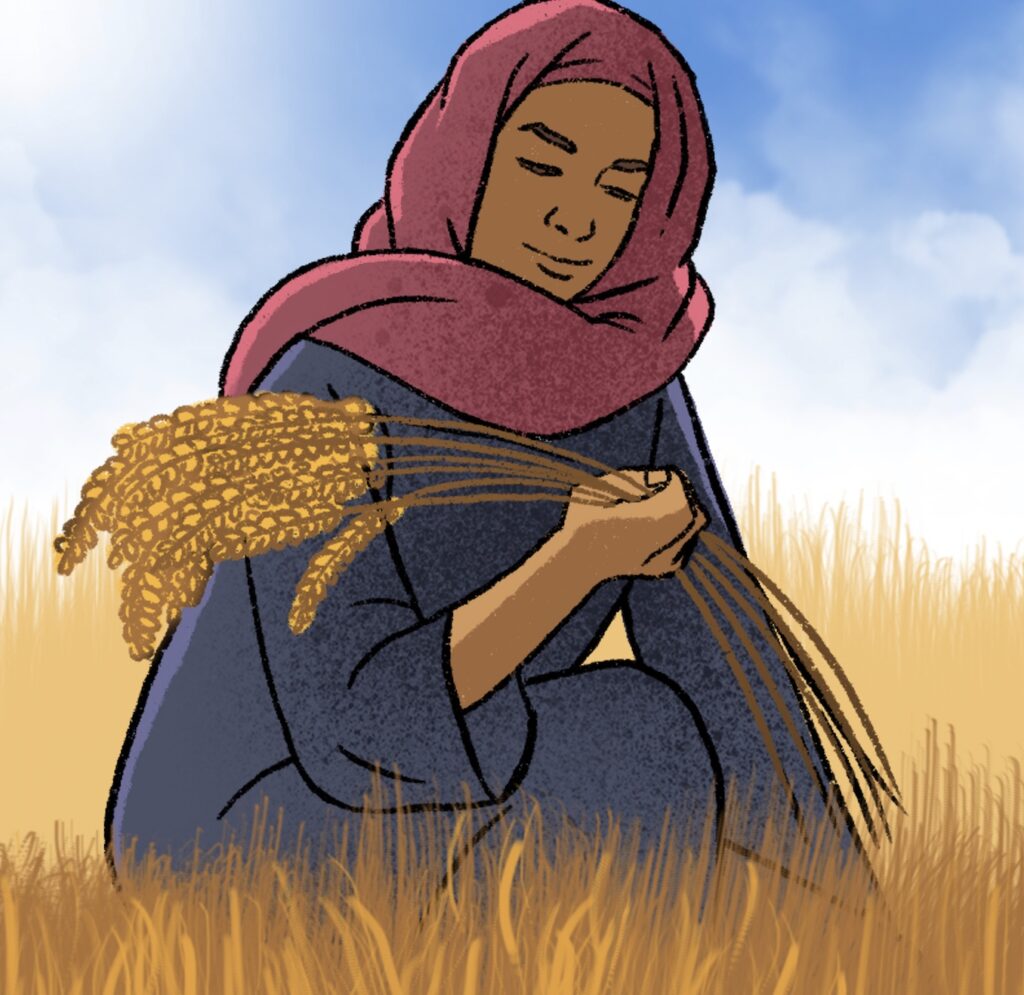 A digital illustration of a woman in scarf