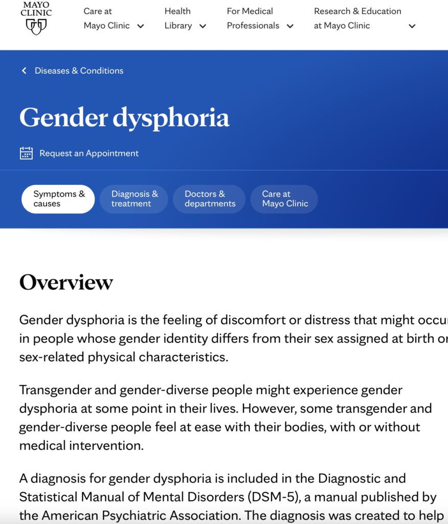 Gender dysphoria description on the website