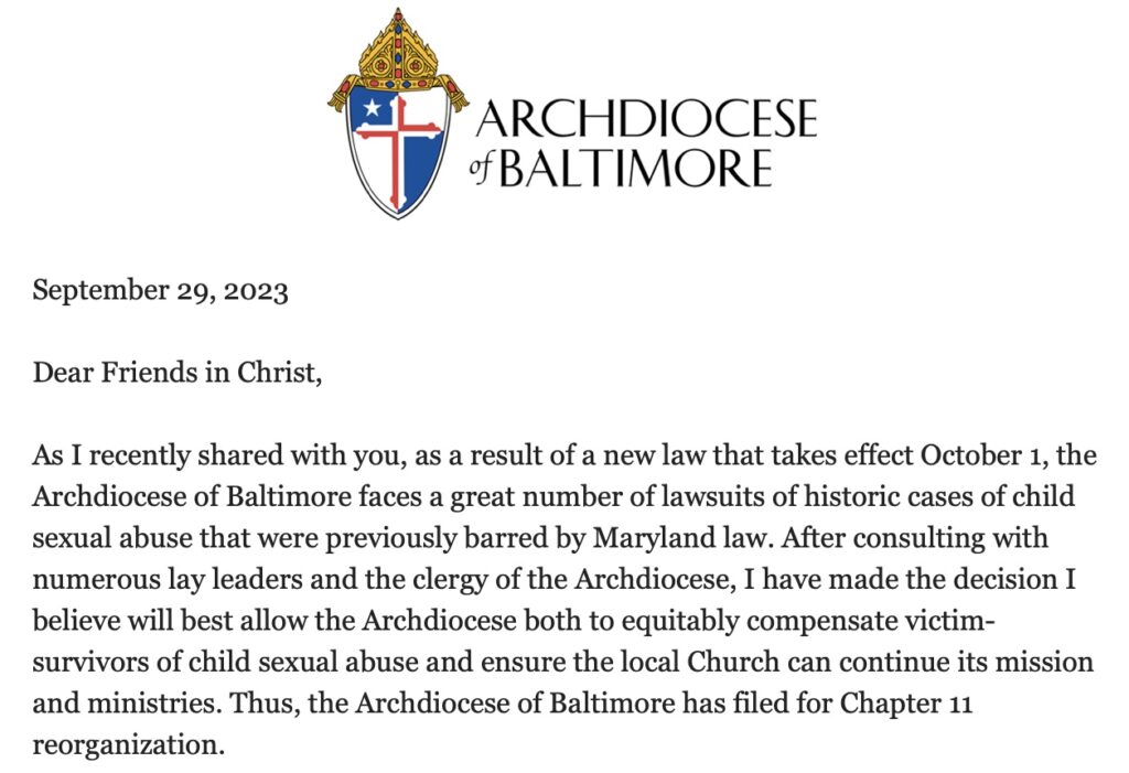 A letter from the archdiocese of baltimore to the archdiocese of baltimore.