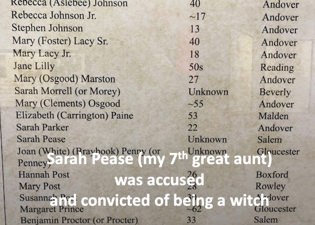 Sarah pease's great aunt was accused of being a witch.