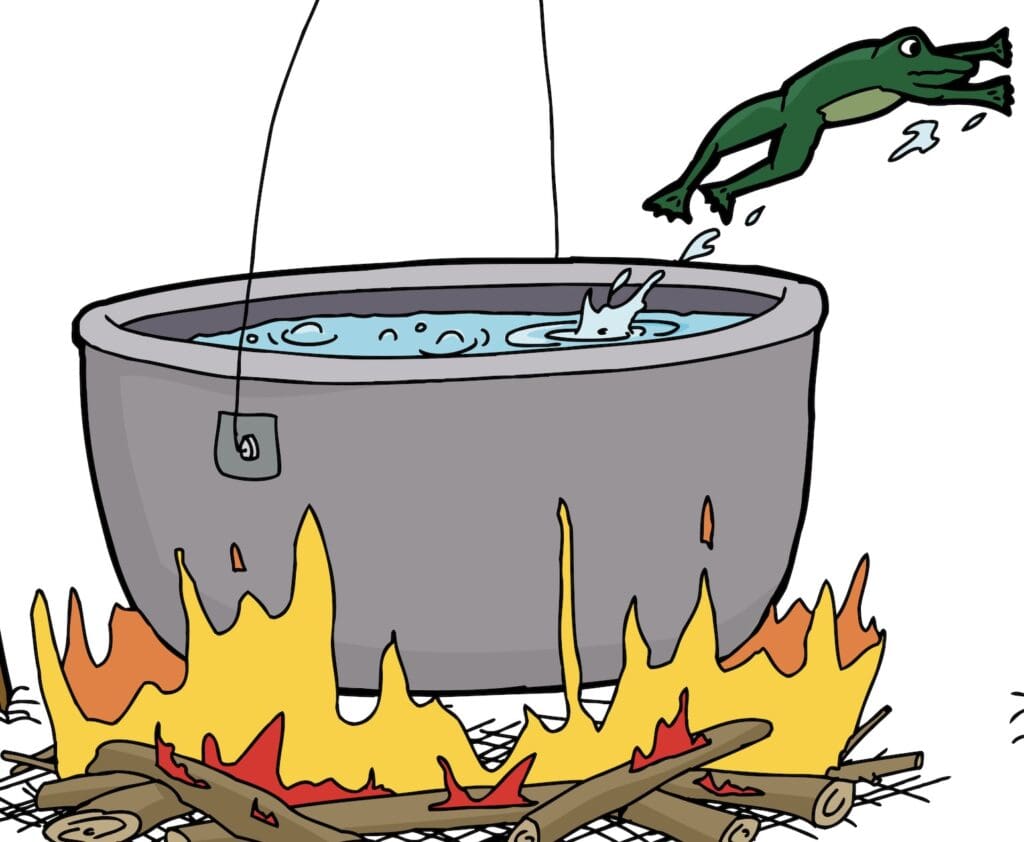 Frog jumping into boiling water pot.