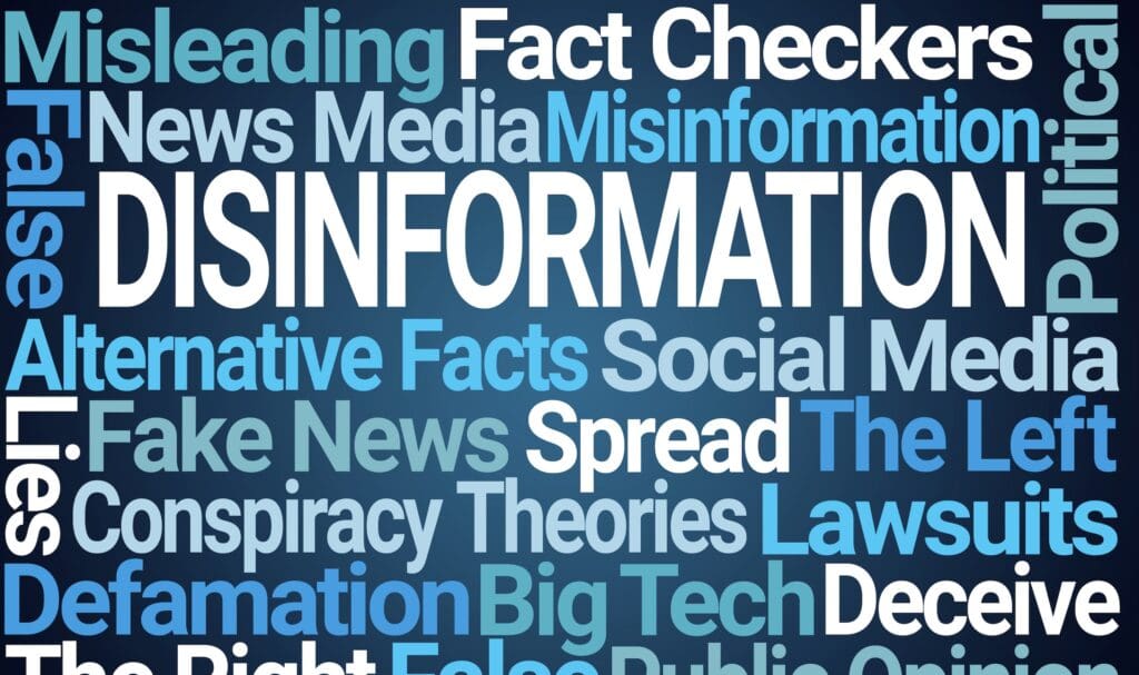 Text collage about misinformation and disinformation.