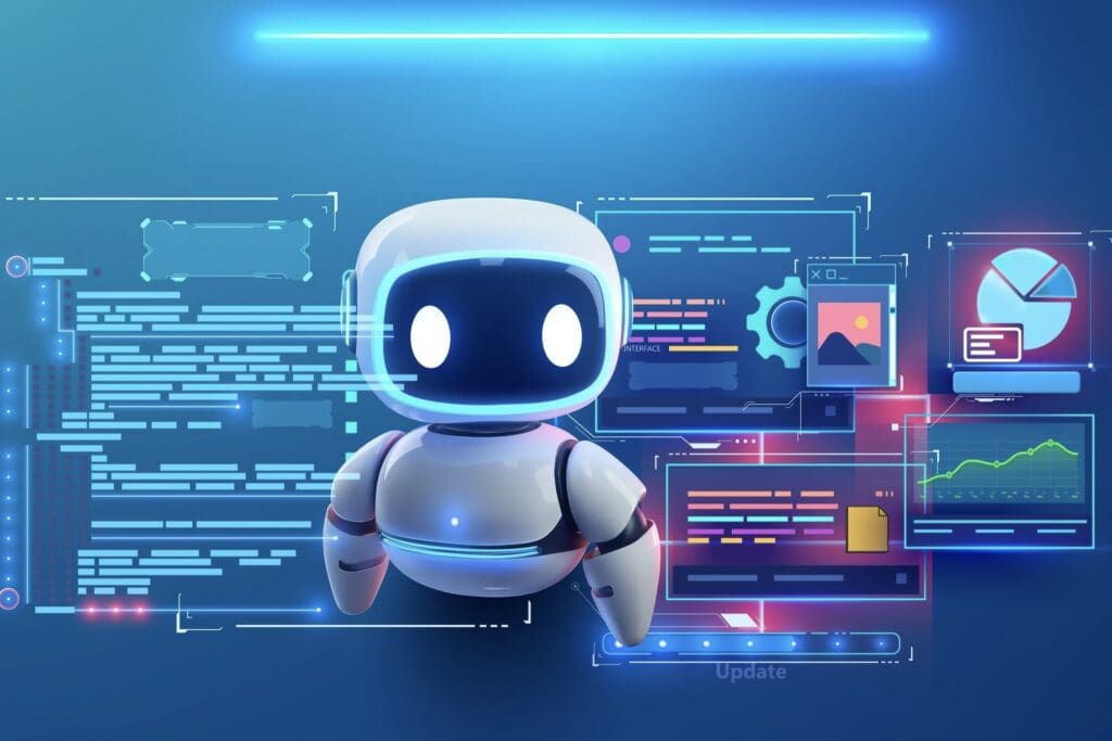 Cute robot with digital interface background.