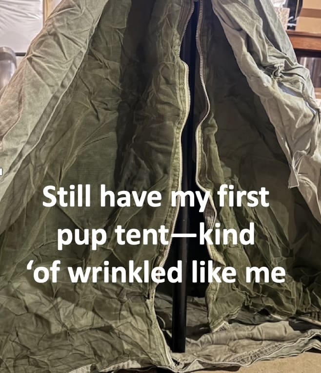 Old pup tent with humorous text overlay.