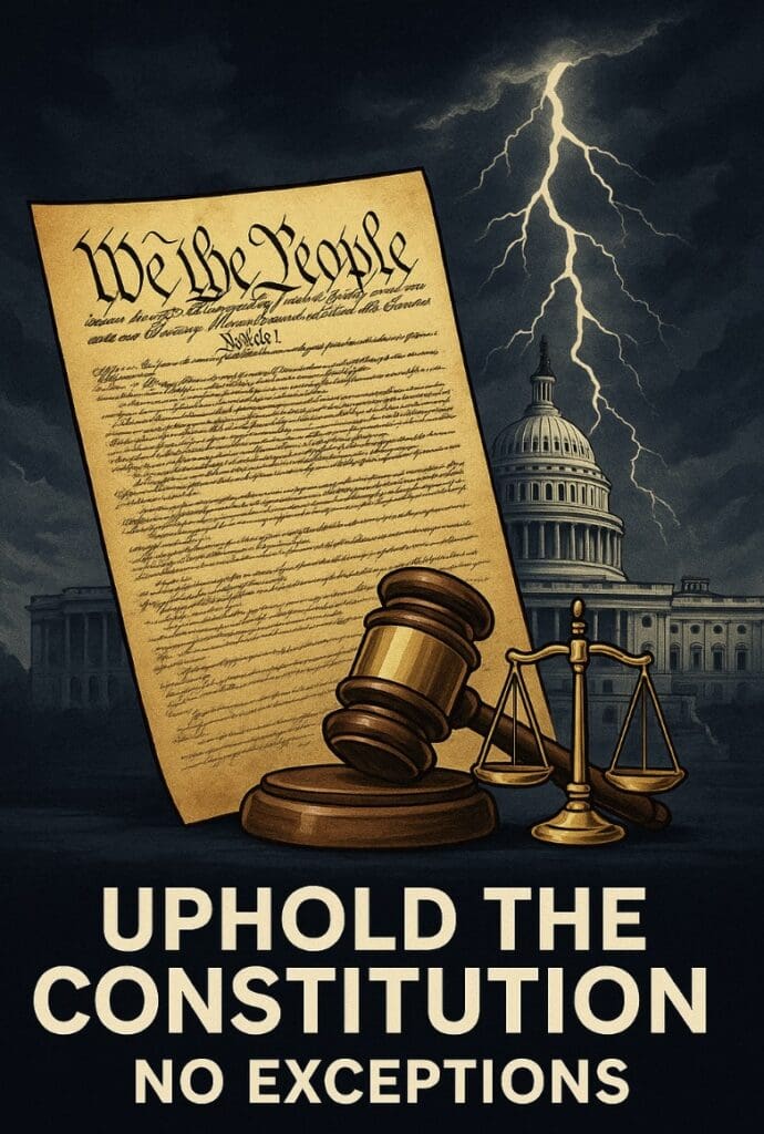 Constitution, gavel, scales, Capitol, lightning background.