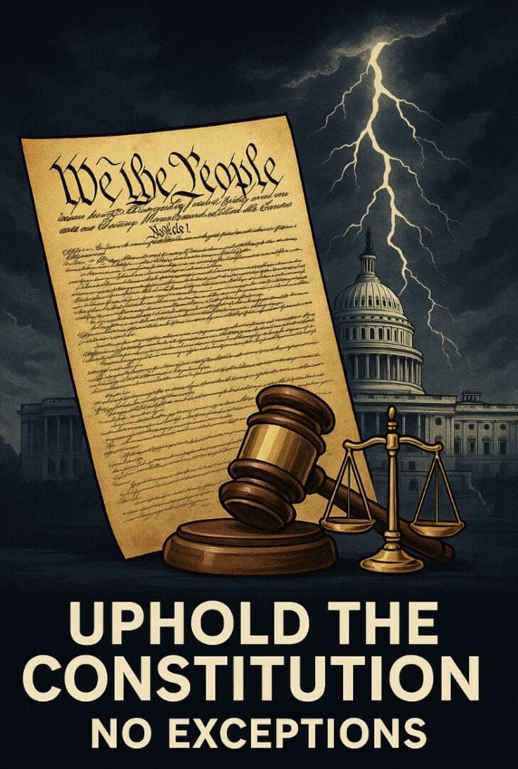 Constitution, gavel, scales, Capitol, lightning background.