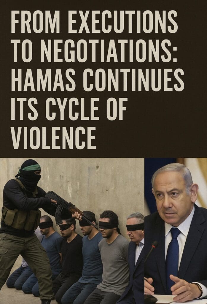 Masked gunman, blindfolded men, and speaker.